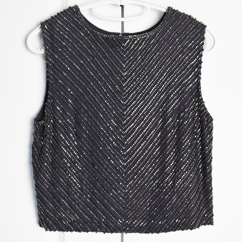 Gorgeous Fancy classy top, bead embroidery sleeveless blouse S, gray silk top - Picture 1 of 15